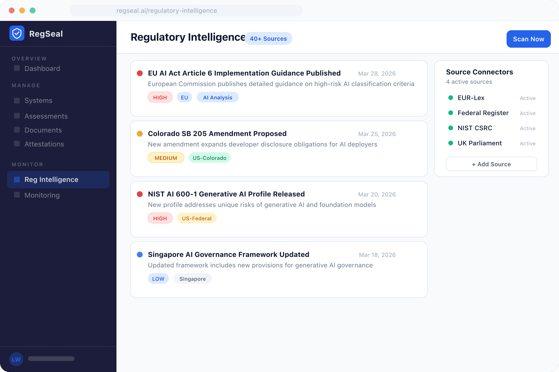 RegSeal Regulatory Intelligence Pipeline showing source connectors, AI impact analysis, and compliance calendar