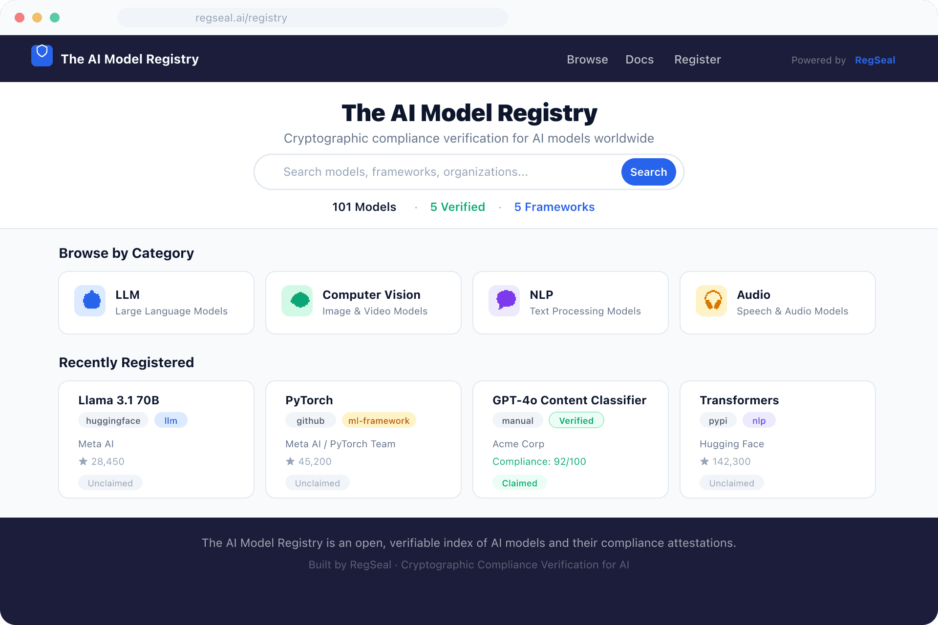 RegSeal AI Model Registry showing searchable model list with compliance badges and ecosystem sources